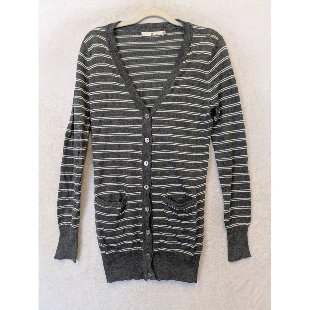 Ellison Cardigan Women's S Gray Striped V-Neck Long Sleeve Linen Blend
